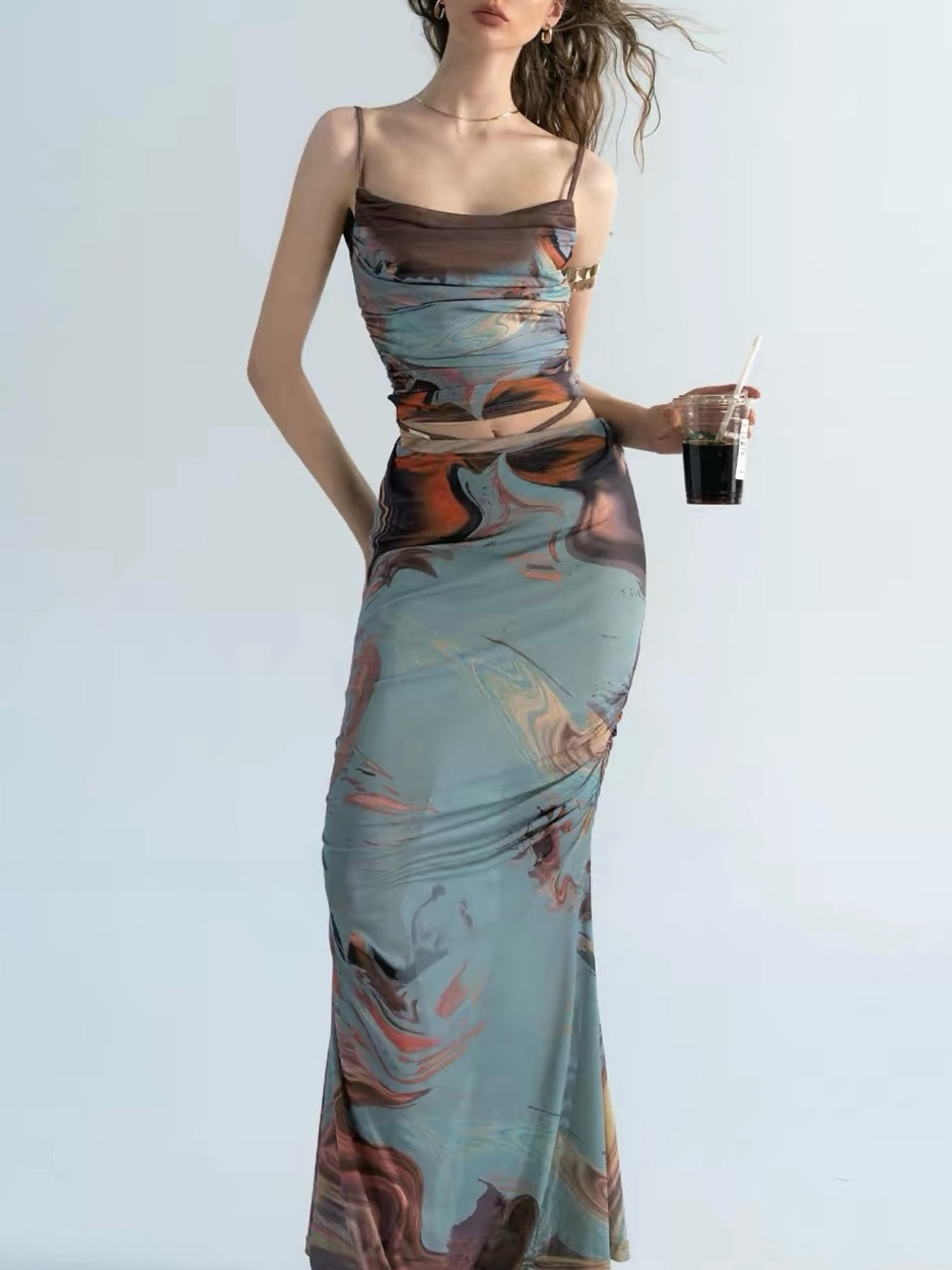 OF AKIVA Printed Mesh Two-Piece Dress Set | Size M